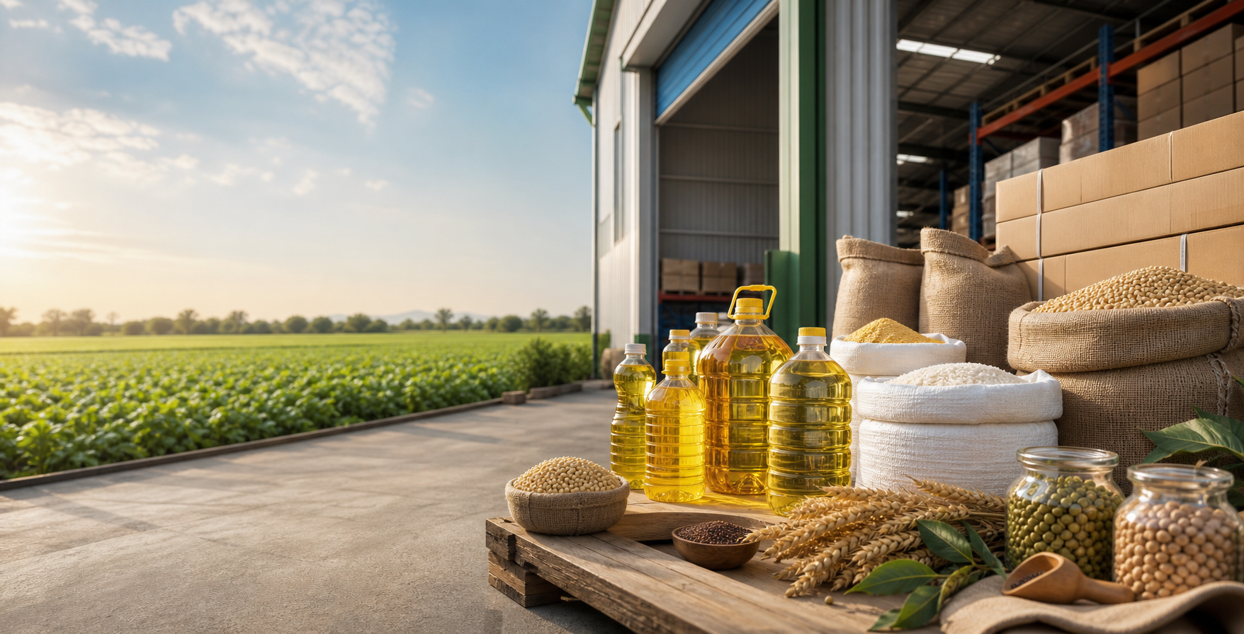 Agro commodities, edible oils, and packaged supply ready for distribution