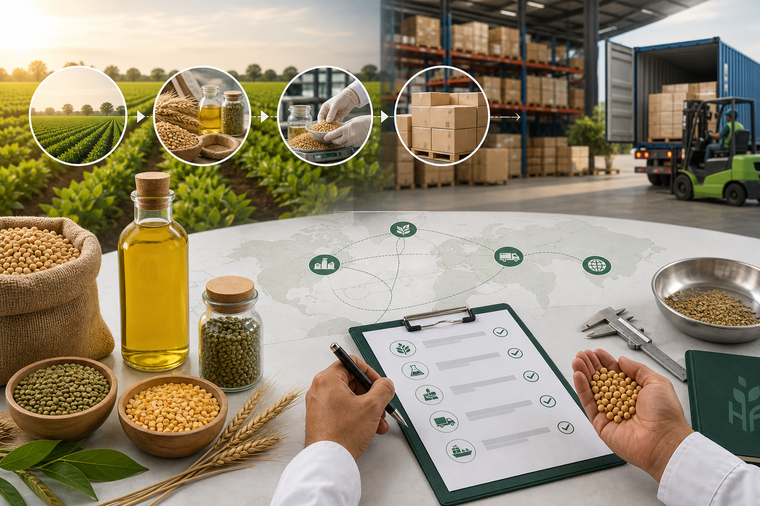 Agro supply workflow from sourcing to quality checks and delivery