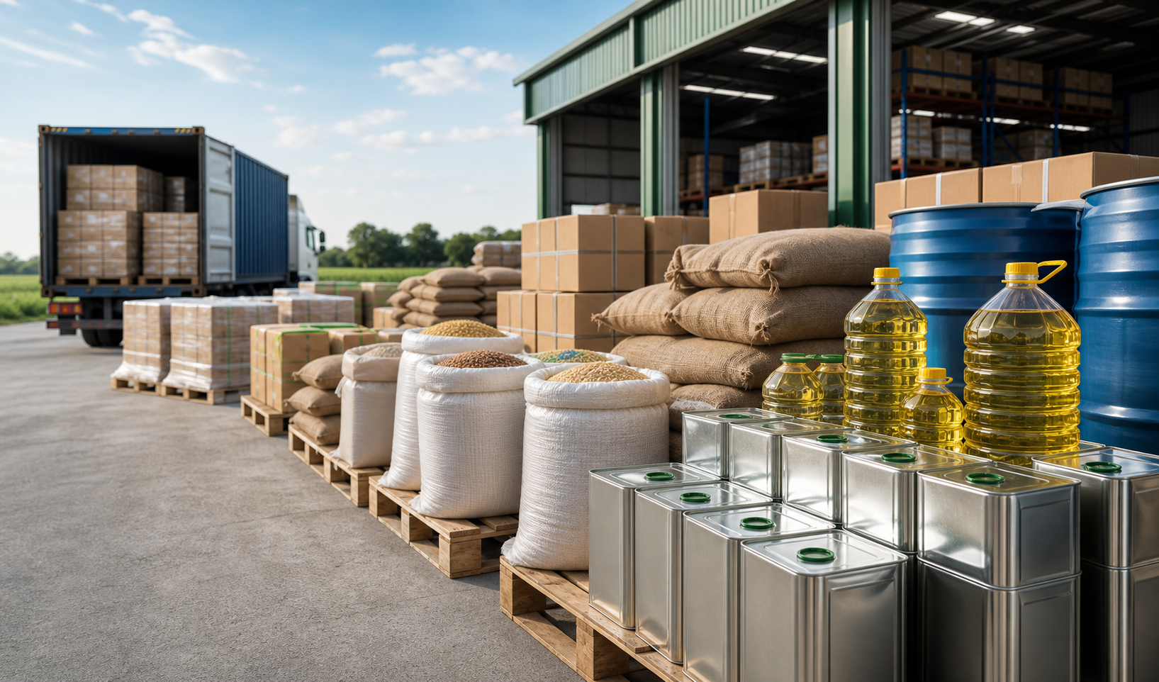 Bulk agro products and edible oils prepared for logistics dispatch